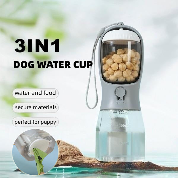 3-in-1 Portable Dog Water Bottle - Food Container & Waste Bag Dispenser