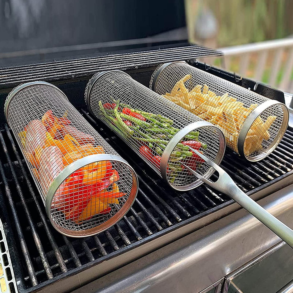 Rolling BBQ Grilling Basket - Stainless Steel Outdoor Camping Barbecue Rack