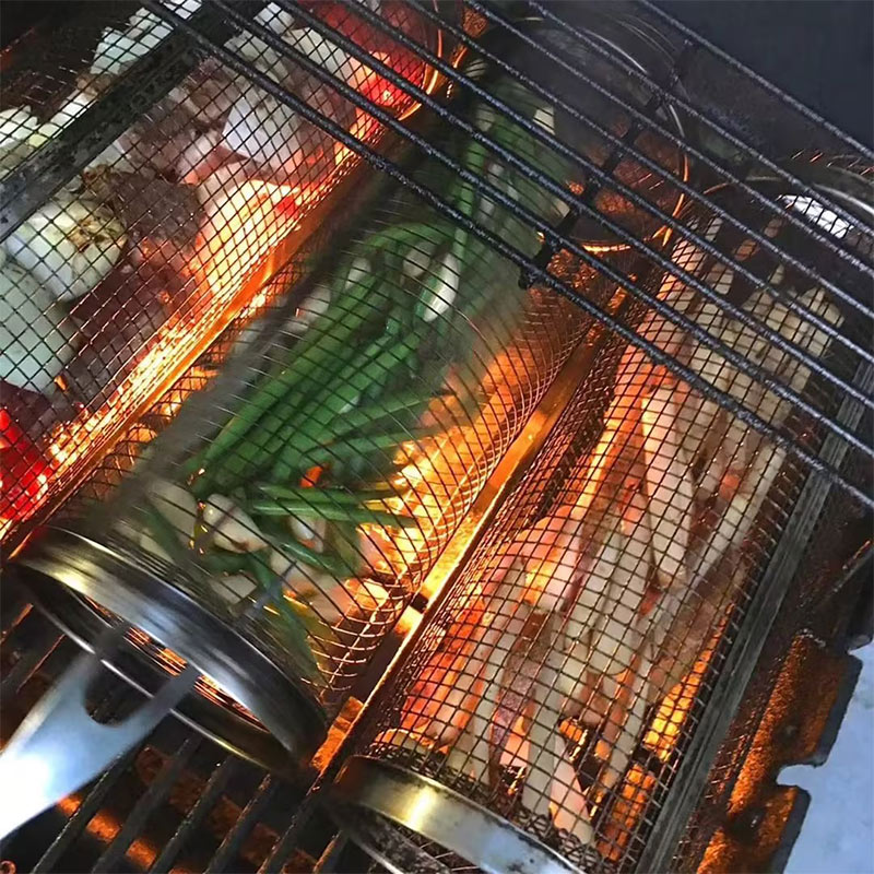 Rolling BBQ Grilling Basket - Stainless Steel Outdoor Camping Barbecue Rack