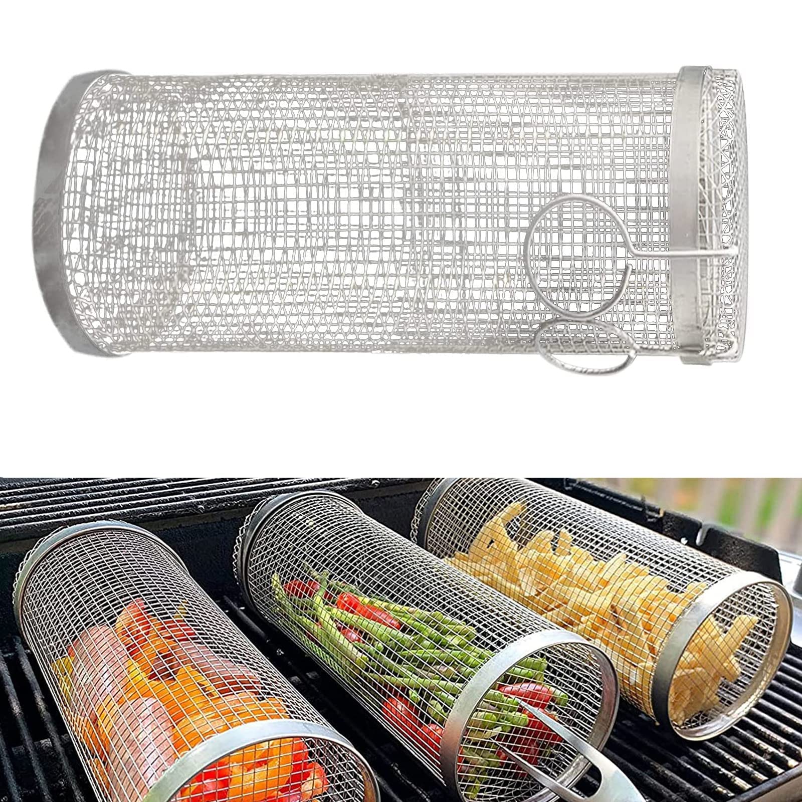 Rolling BBQ Grilling Basket - Stainless Steel Outdoor Camping Barbecue Rack