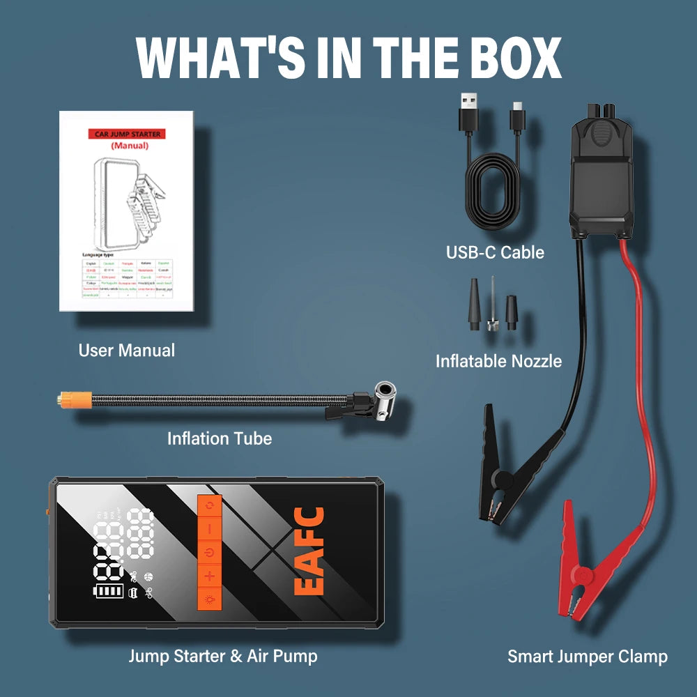 🚗 4-in-1 Car Jump Starter - Wireless Tire Inflator, Air Compressor & Power Bank
