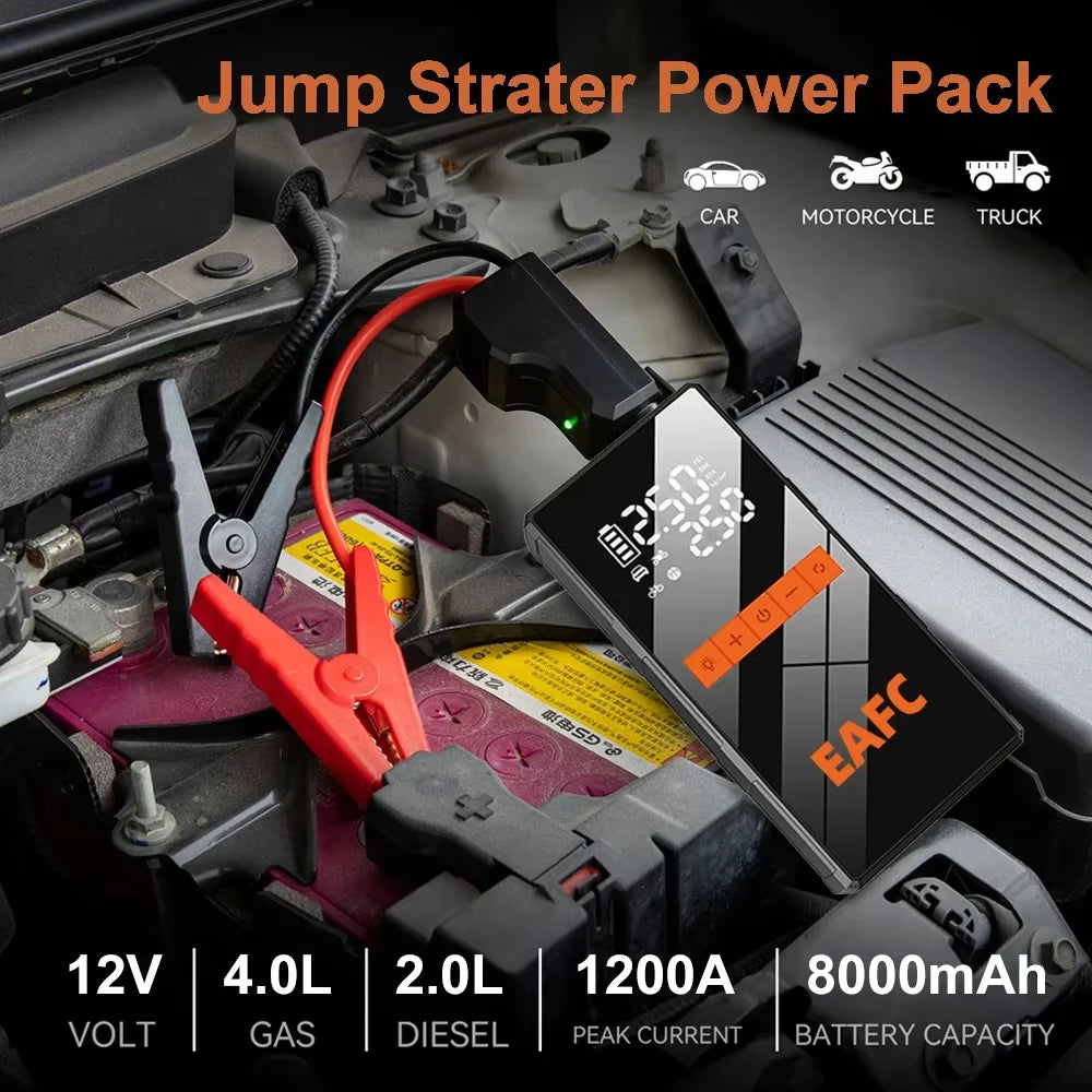 🚗 4-in-1 Car Jump Starter - Wireless Tire Inflator, Air Compressor & Power Bank
