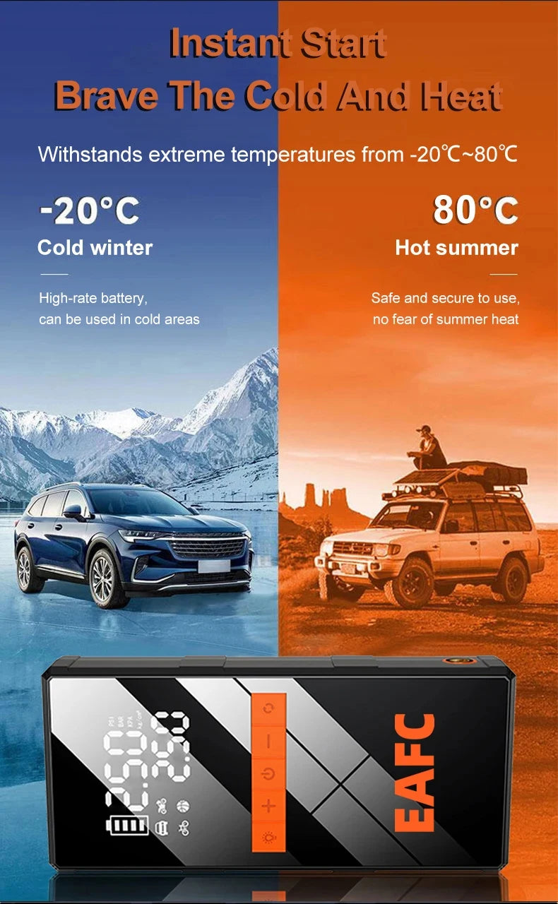 🚗 4-in-1 Car Jump Starter - Wireless Tire Inflator, Air Compressor & Power Bank