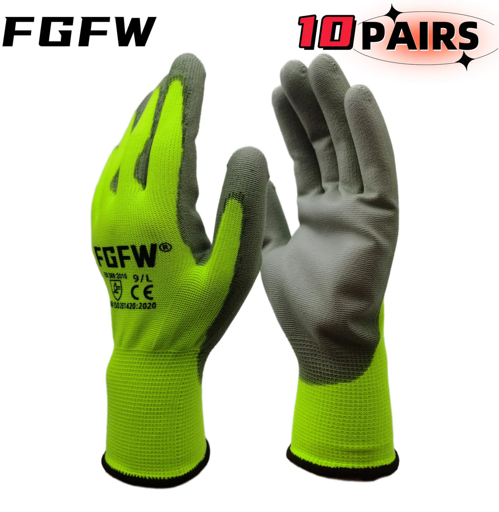 🧤 10 Pairs PU Work Gloves - Lightweight Safety Gloves EN388 Certified S-XL