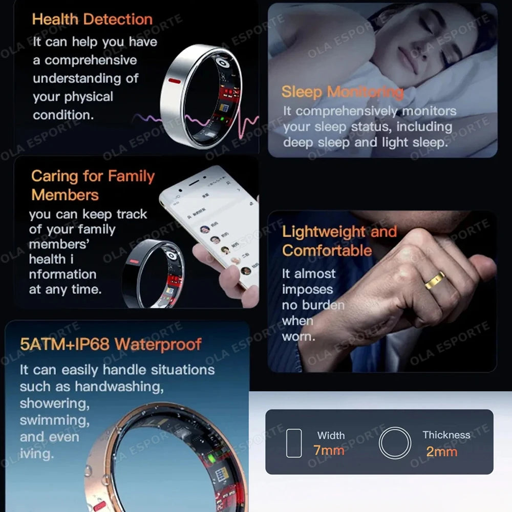 Health Tracking Smart Ring - 5ATM Waterproof Heart Rate & Sleep Monitor