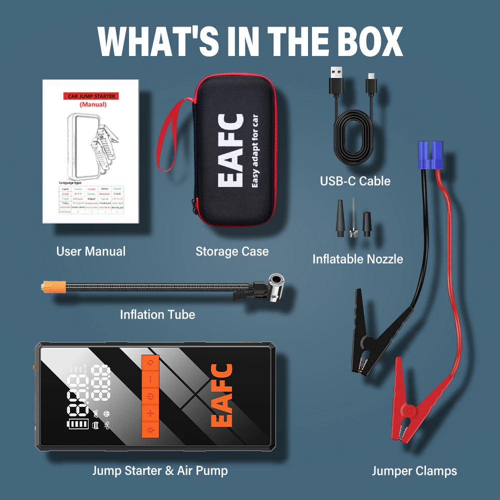 🚗 4-in-1 Car Jump Starter - Wireless Tire Inflator, Air Compressor & Power Bank