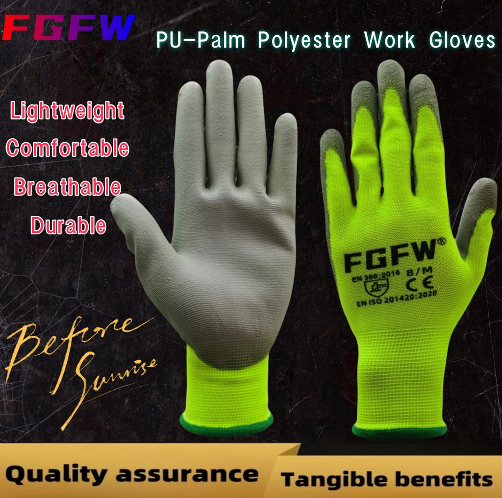 🧤 10 Pairs PU Work Gloves - Lightweight Safety Gloves EN388 Certified S-XL