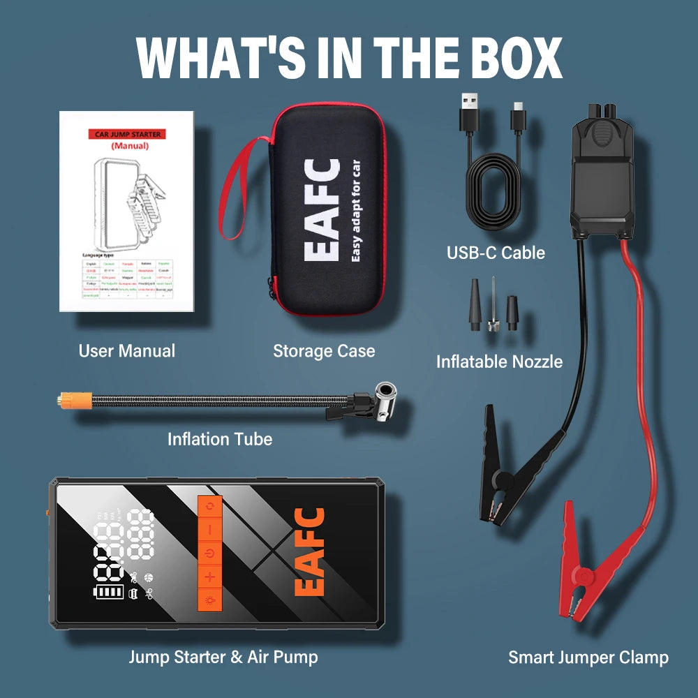 🚗 4-in-1 Car Jump Starter - Wireless Tire Inflator, Air Compressor & Power Bank