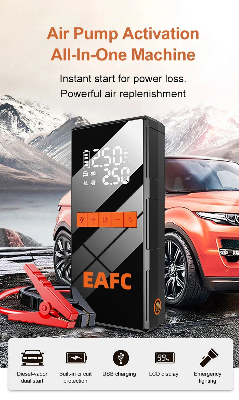 🚗 4-in-1 Car Jump Starter - Wireless Tire Inflator, Air Compressor & Power Bank