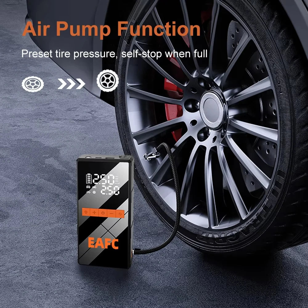 🚗 4-in-1 Car Jump Starter - Wireless Tire Inflator, Air Compressor & Power Bank