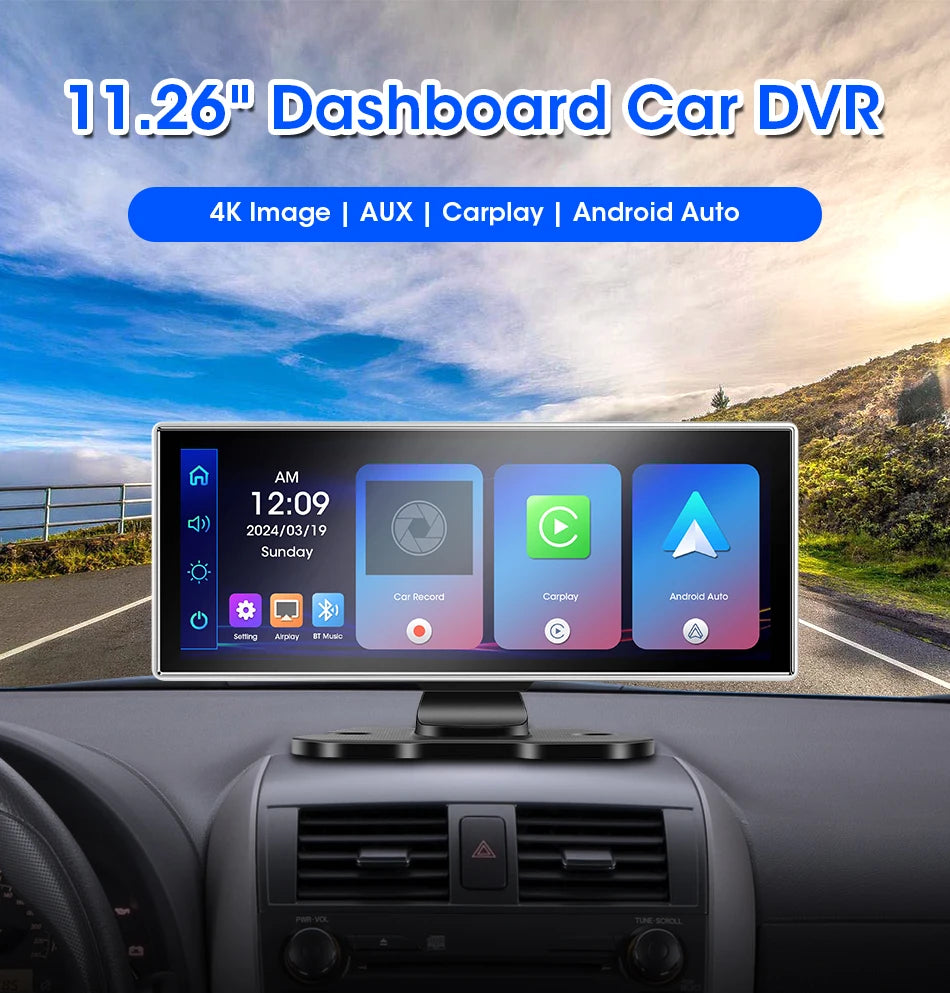 📹 11-Inch Dashboard Hub - 4K Recorder with Wireless CarPlay & Android Auto