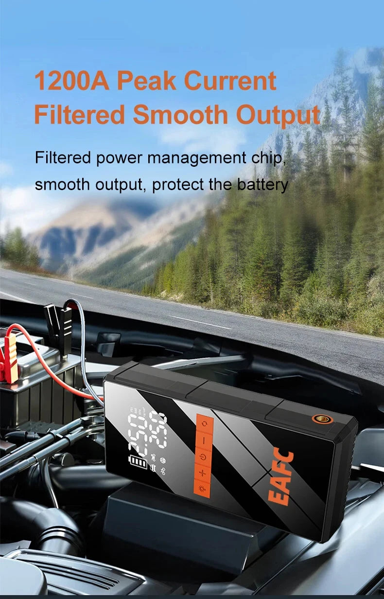 🚗 4-in-1 Car Jump Starter - Wireless Tire Inflator, Air Compressor & Power Bank