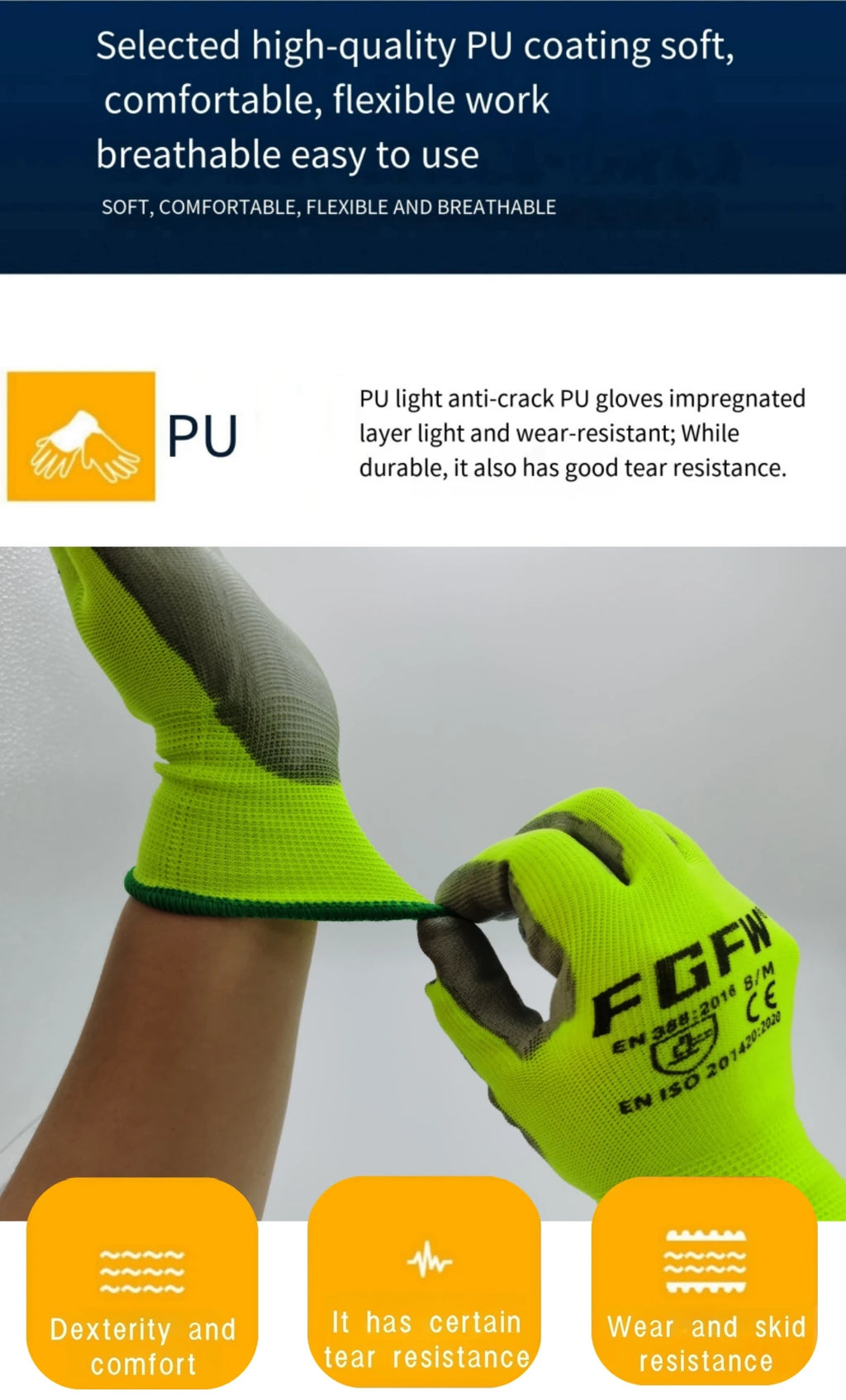 🧤 10 Pairs PU Work Gloves - Lightweight Safety Gloves EN388 Certified S-XL