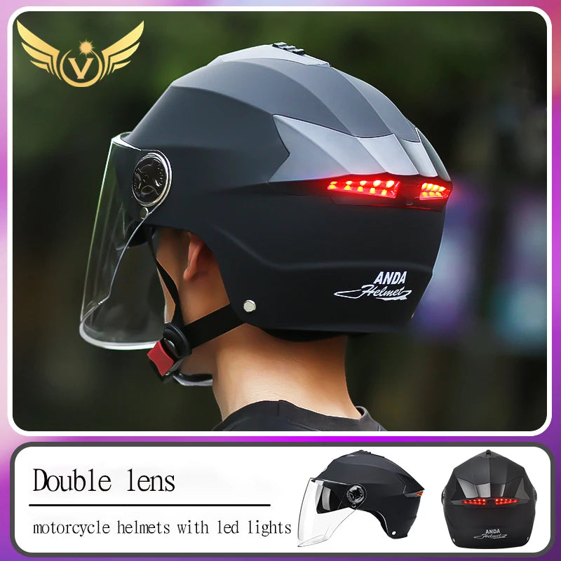 🏍️ LED Motorcycle Helmet with Rechargeable Lights - Double Visor Safety