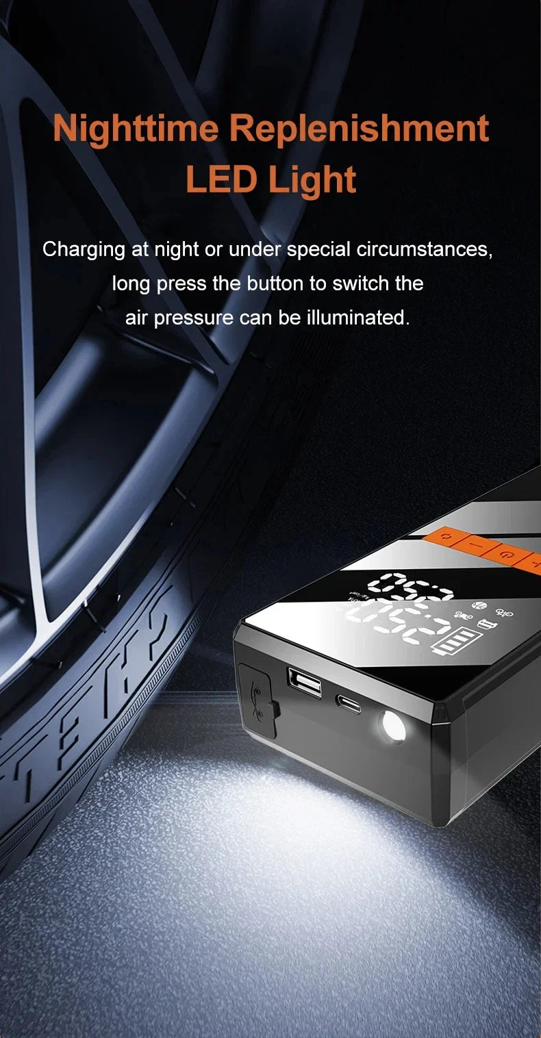 🚗 4-in-1 Car Jump Starter - Wireless Tire Inflator, Air Compressor & Power Bank