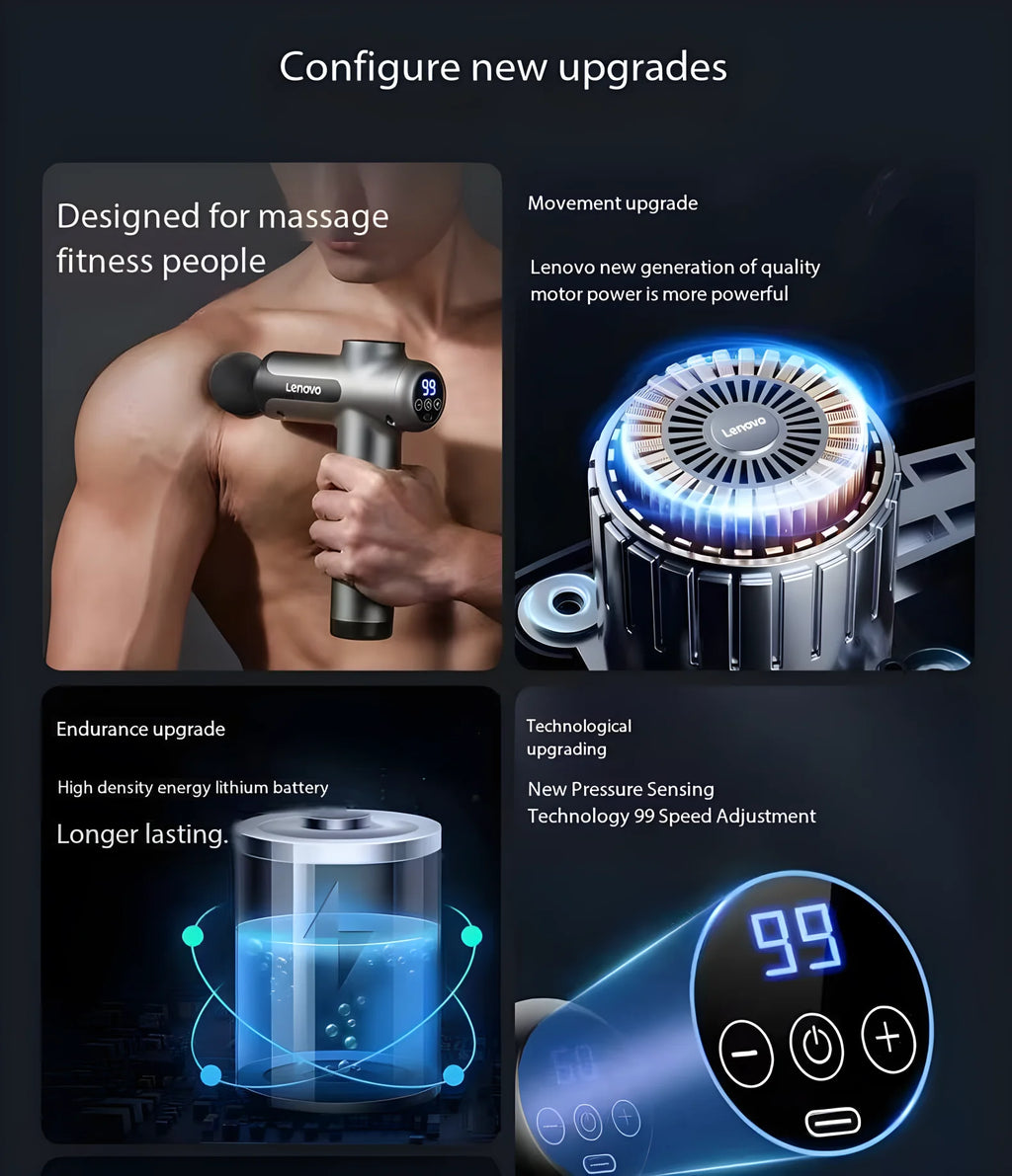 💪 Lenovo Massage Gun - Deep Muscle Relief with LED Touch Screen & 8 Heads