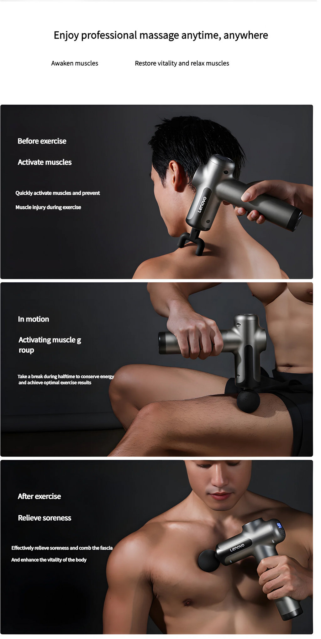 💪 Lenovo Massage Gun - Deep Muscle Relief with LED Touch Screen & 8 Heads