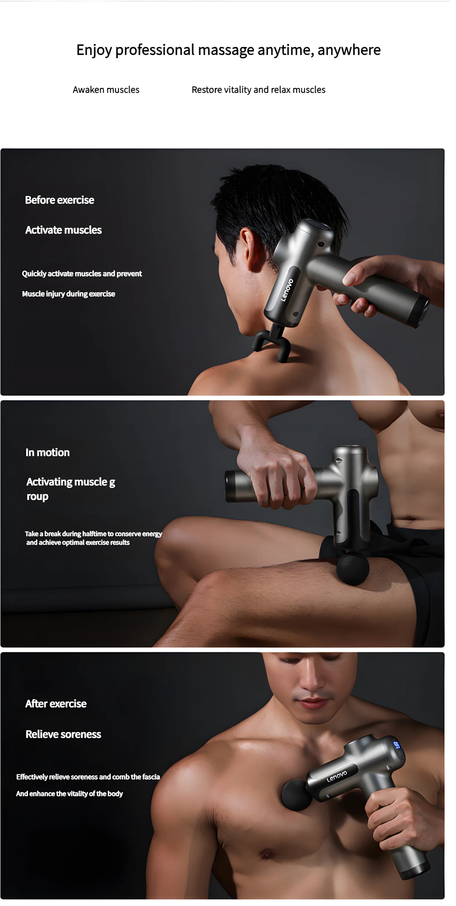 💪 Lenovo Massage Gun - Deep Muscle Relief with LED Touch Screen & 8 Heads