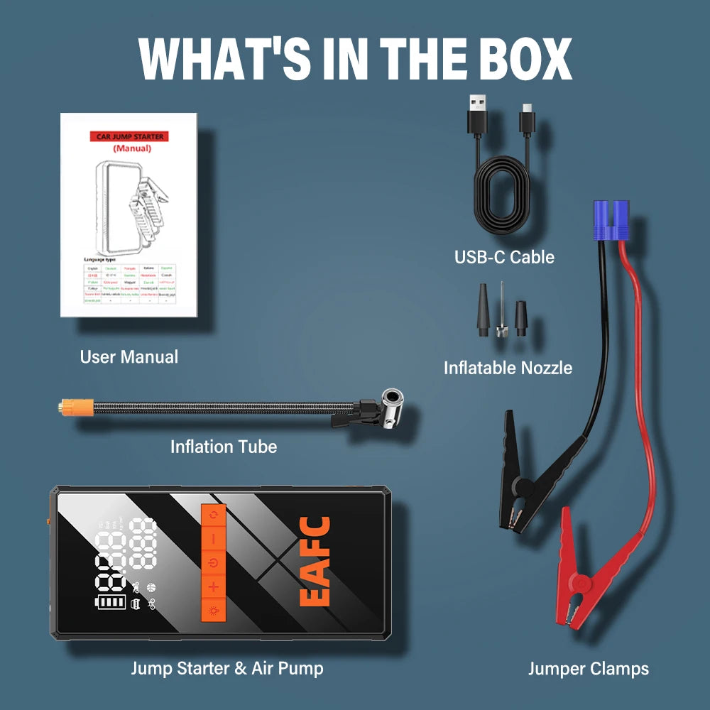 🚗 4-in-1 Car Jump Starter - Wireless Tire Inflator, Air Compressor & Power Bank