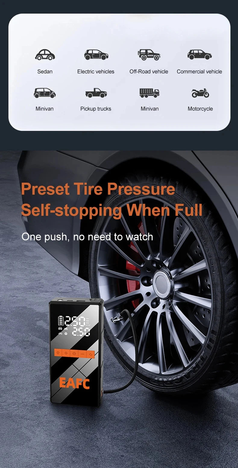 🚗 4-in-1 Car Jump Starter - Wireless Tire Inflator, Air Compressor & Power Bank