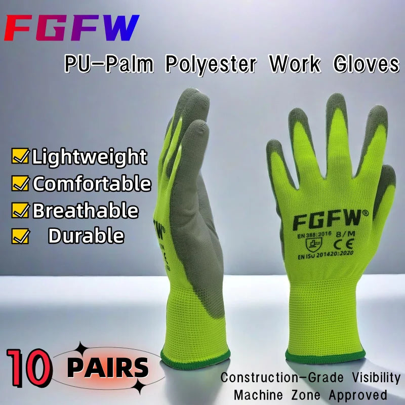 🧤 10 Pairs PU Work Gloves - Lightweight Safety Gloves EN388 Certified S-XL