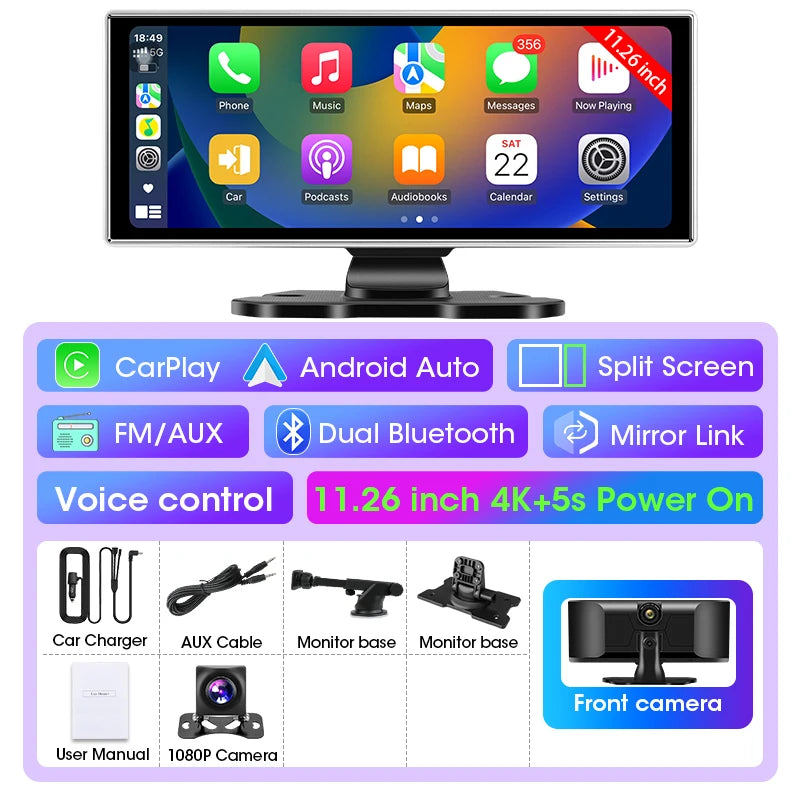 📹 11-Inch Dashboard Hub - 4K Recorder with Wireless CarPlay & Android Auto
