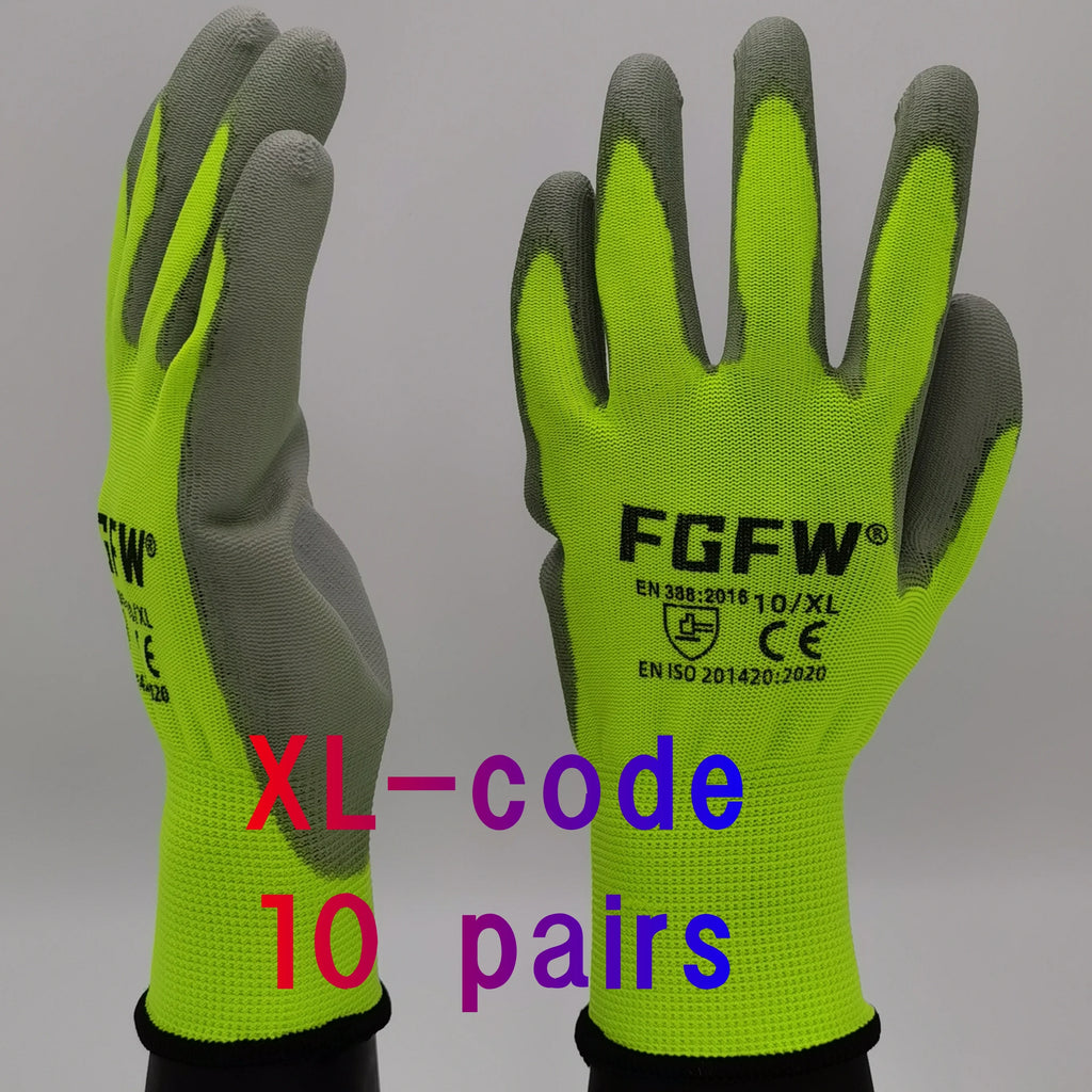 🧤 10 Pairs PU Work Gloves - Lightweight Safety Gloves EN388 Certified S-XL