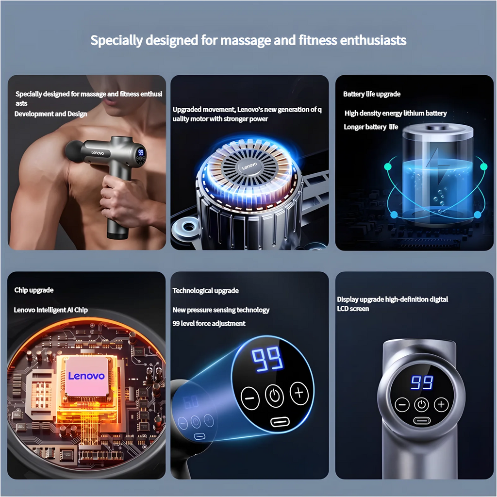 💪 Lenovo Massage Gun - Deep Muscle Relief with LED Touch Screen & 8 Heads