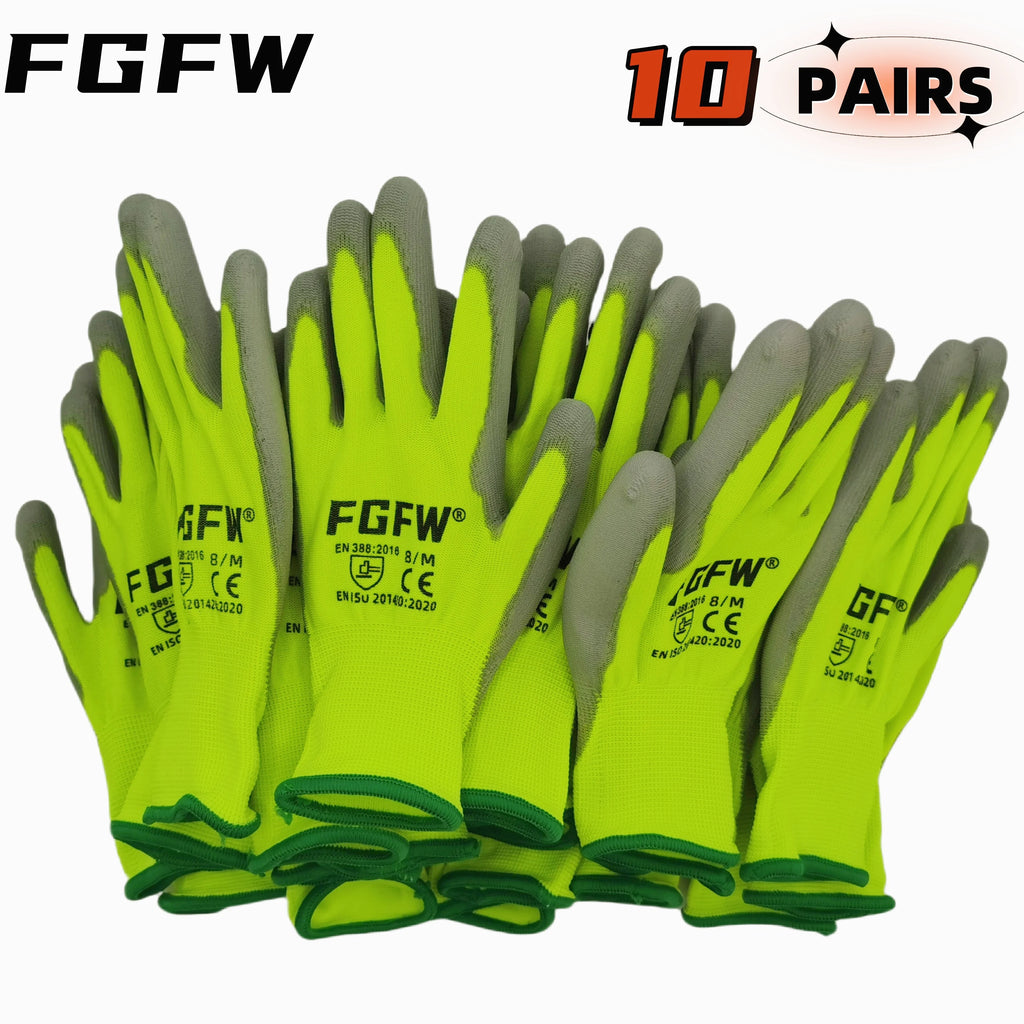 🧤 10 Pairs PU Work Gloves - Lightweight Safety Gloves EN388 Certified S-XL