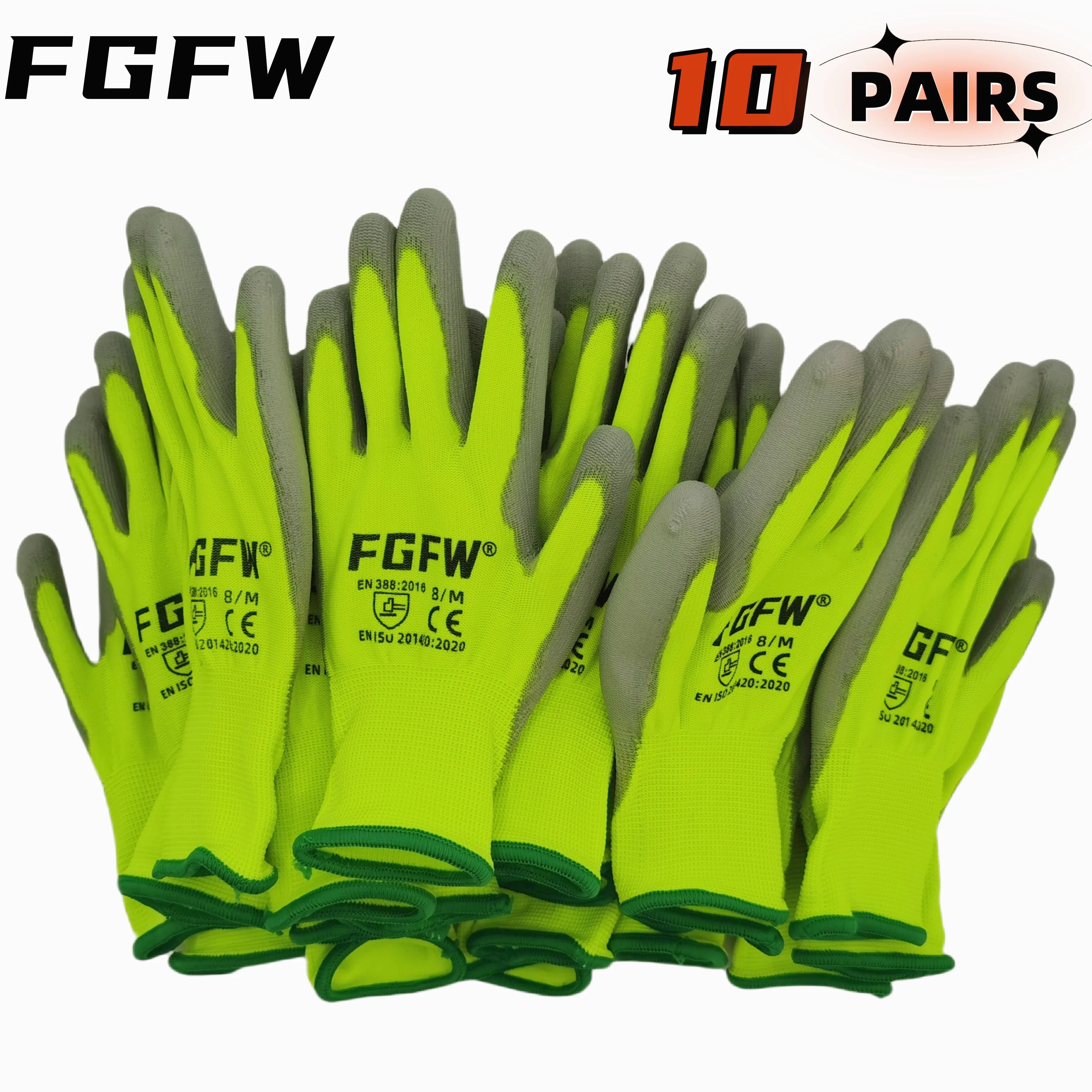 🧤 10 Pairs PU Work Gloves - Lightweight Safety Gloves EN388 Certified S-XL