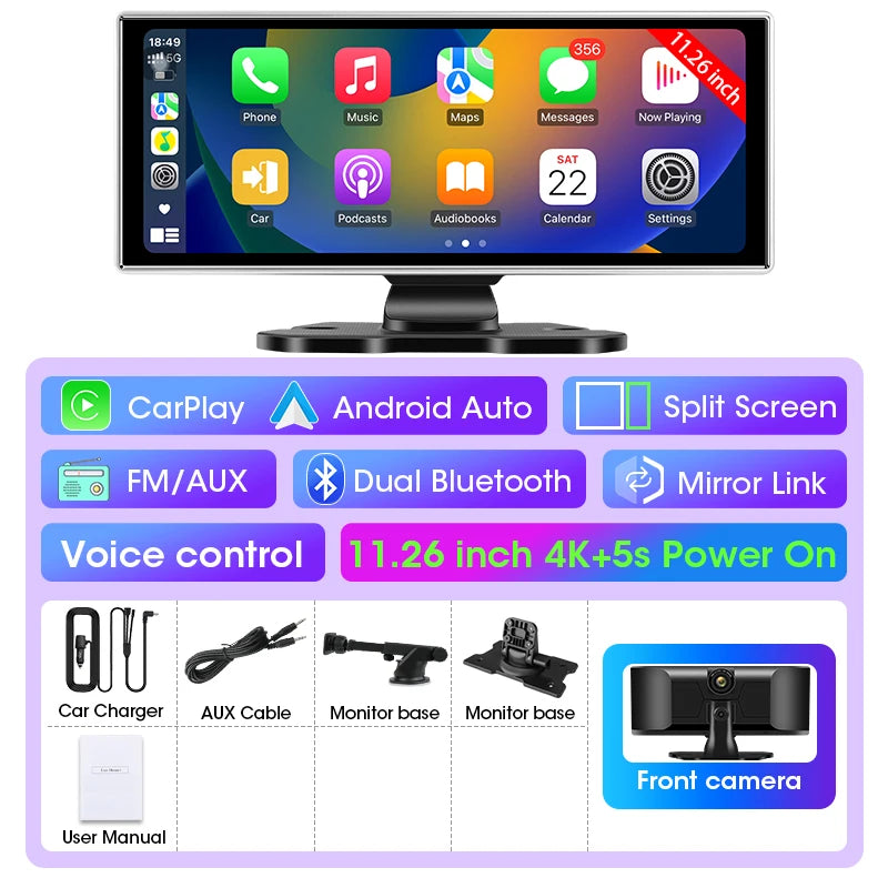 📹 11-Inch Dashboard Hub - 4K Recorder with Wireless CarPlay & Android Auto