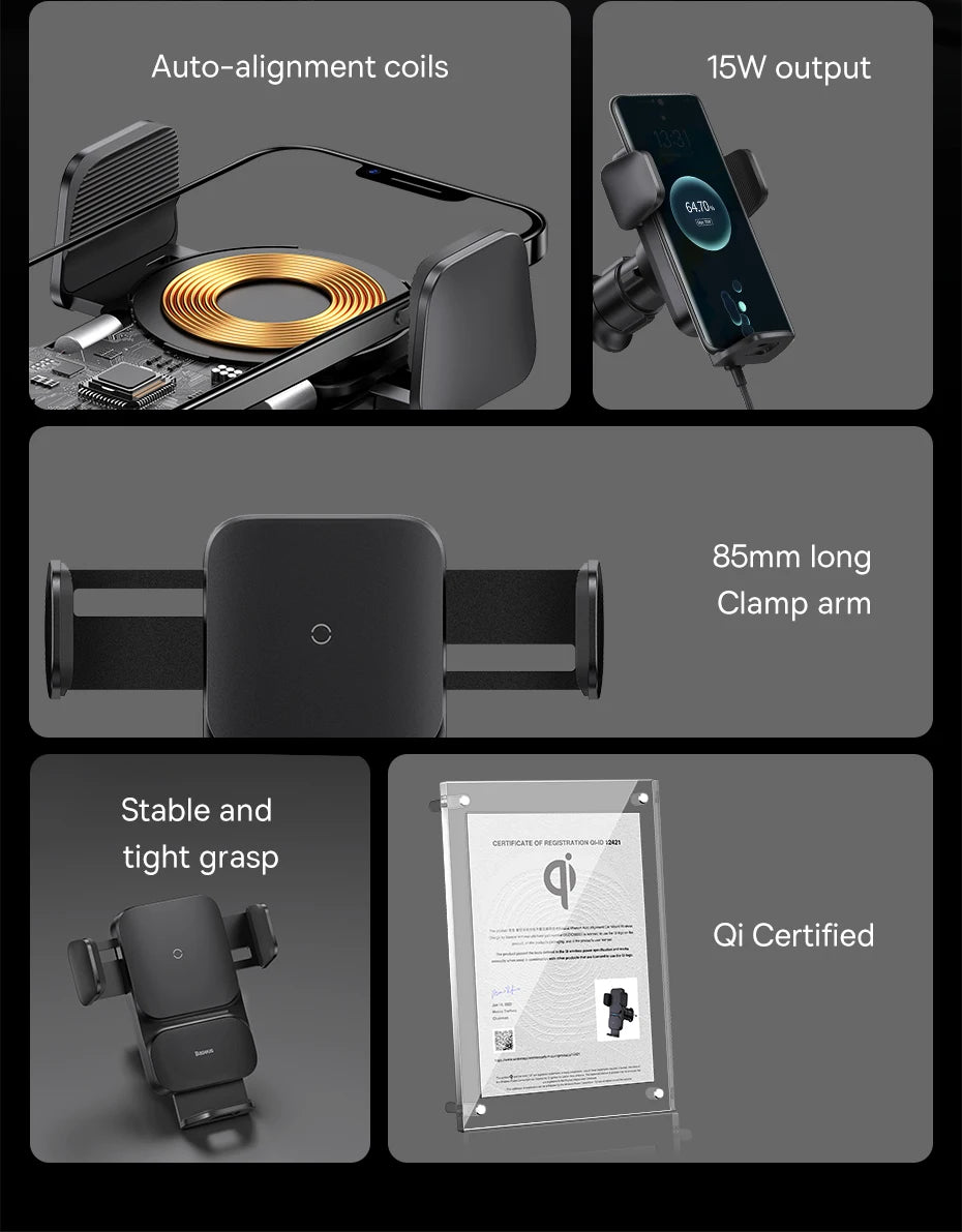 🚗 15W Smart Wireless Car Charger - Auto-Clamping Qi Mount with Fast Charging