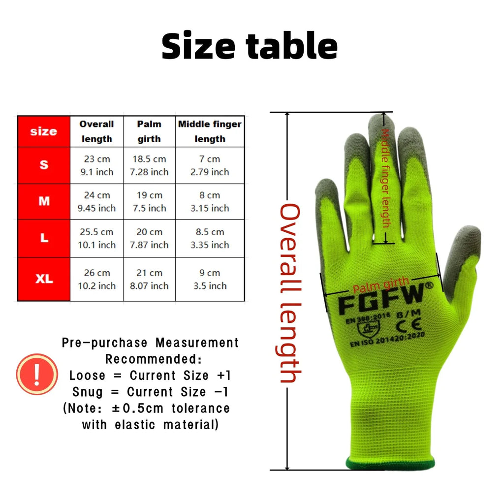 🧤 10 Pairs PU Work Gloves - Lightweight Safety Gloves EN388 Certified S-XL