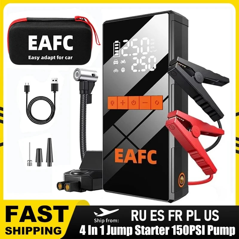 🚗 4-in-1 Car Jump Starter - Wireless Tire Inflator, Air Compressor & Power Bank