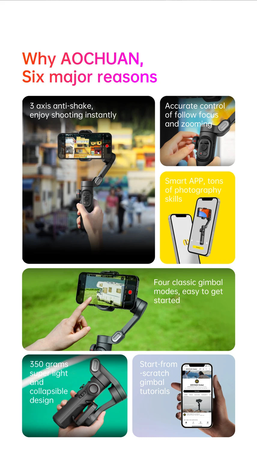 🎥 AOCHUAN 3-Axis Gimbal Stabilizer - AI Face Tracking for TikTok & Vlog