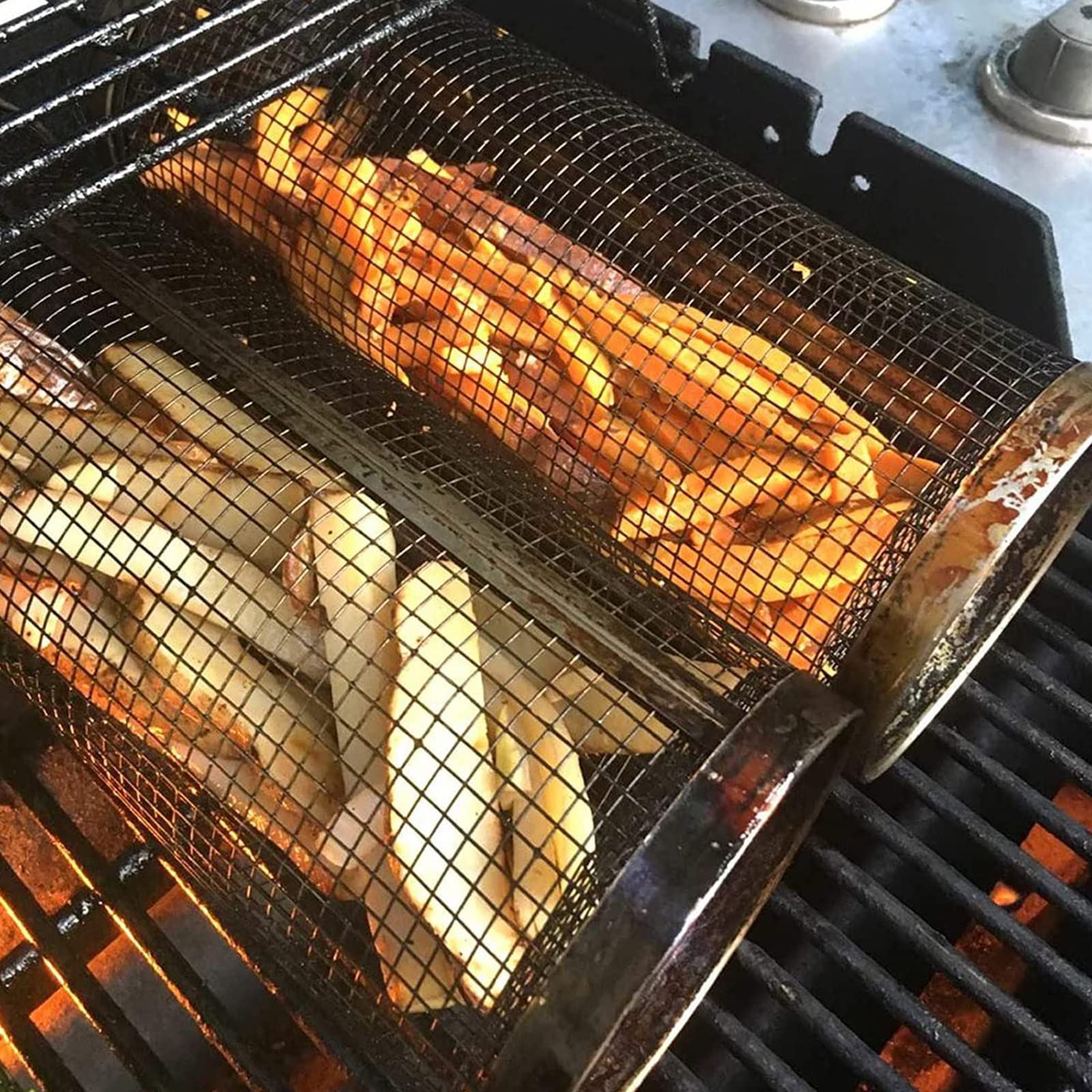 Rolling BBQ Grilling Basket - Stainless Steel Outdoor Camping Barbecue Rack