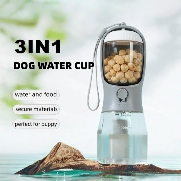 3-in-1 Portable Dog Water Bottle - Food Container & Waste Bag Dispenser
