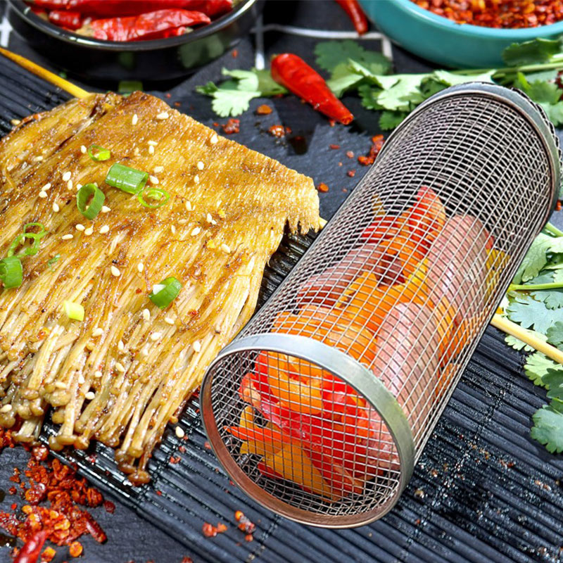 Rolling BBQ Grilling Basket - Stainless Steel Outdoor Camping Barbecue Rack
